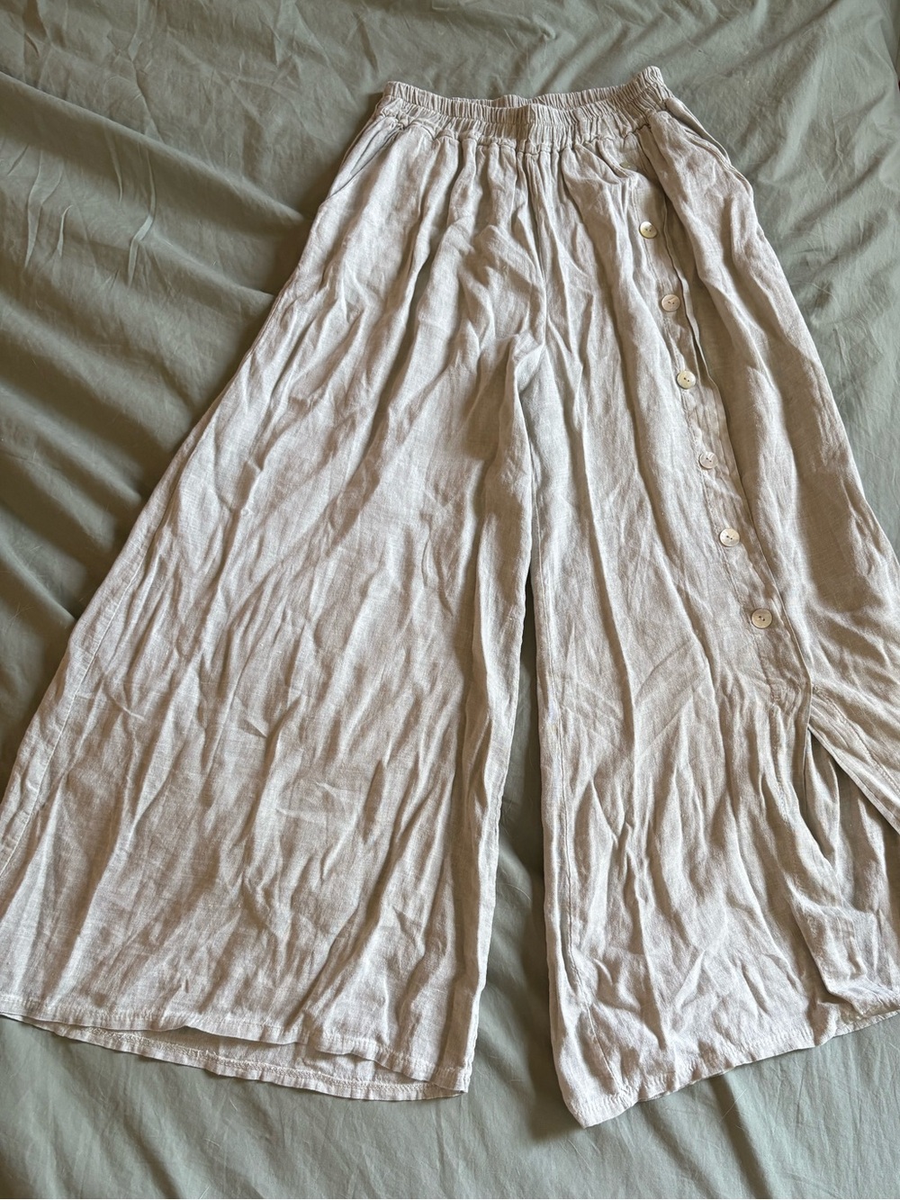 Meo Meli 100% Linen Wide Leg Button-Trim Pants - Picture 1 of 3